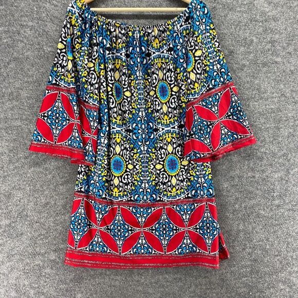 5/$45 Lapogee Dress Women M Medium Blue Geometric Shift Short 3/4 Sleeve - Picture 4 of 9
